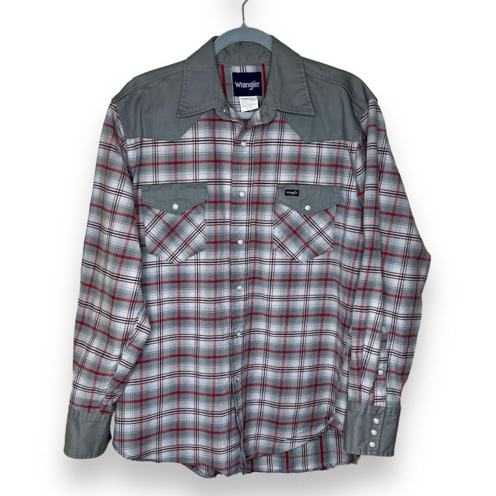 Wrangler Brushpopper Plaid Gray Red Pearl Snap Long Sleeve Shirt Men Size Large